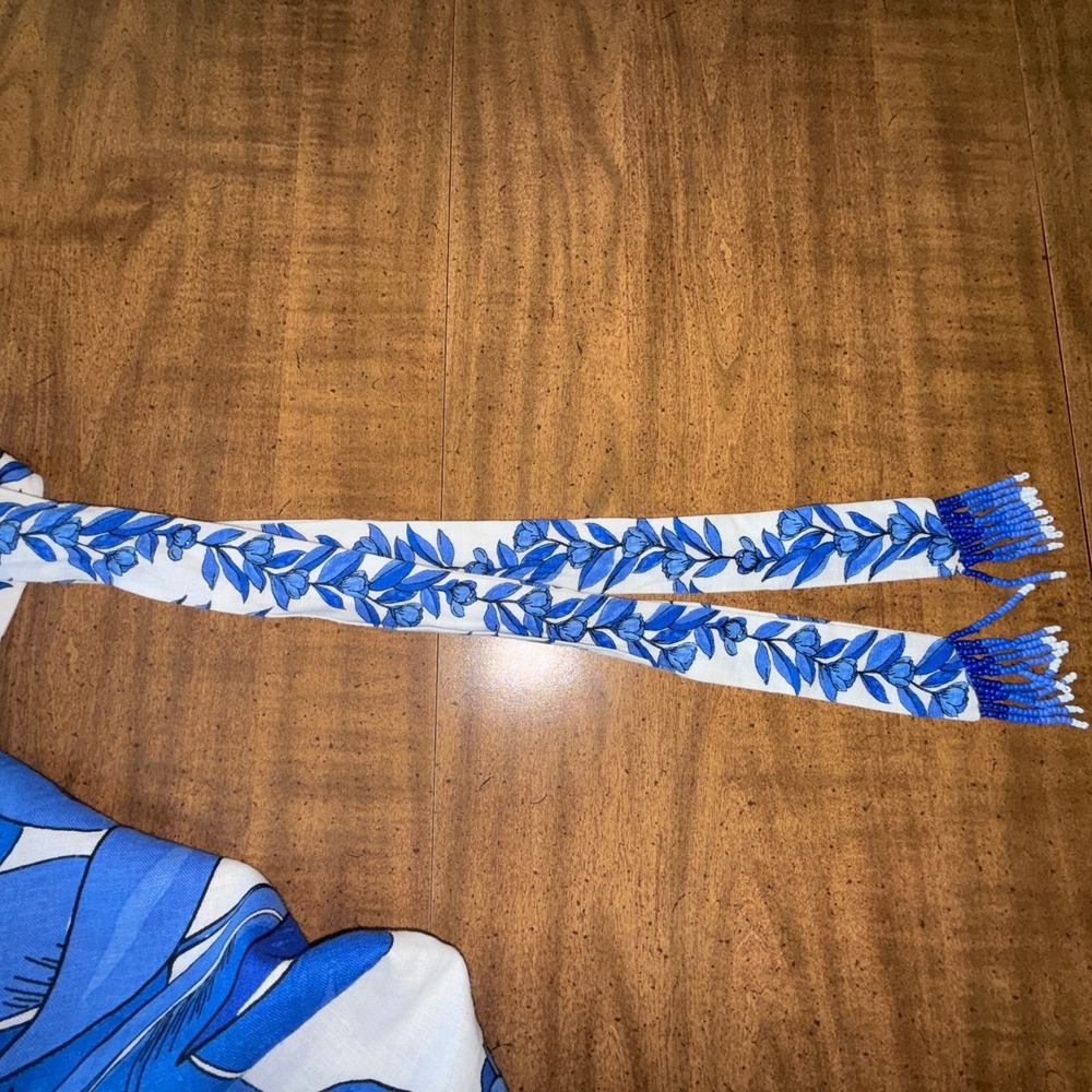 Calypso St Barth Blue White M Beaded Tie Straps Spring Wedding Guest Midi Dress - Picture 9 of 15